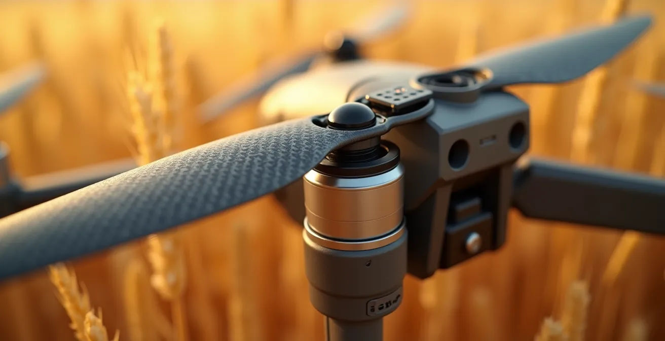 Drone survolant un champ agricole québécois avec capteurs multispectraux pour l'agriculture de précision
