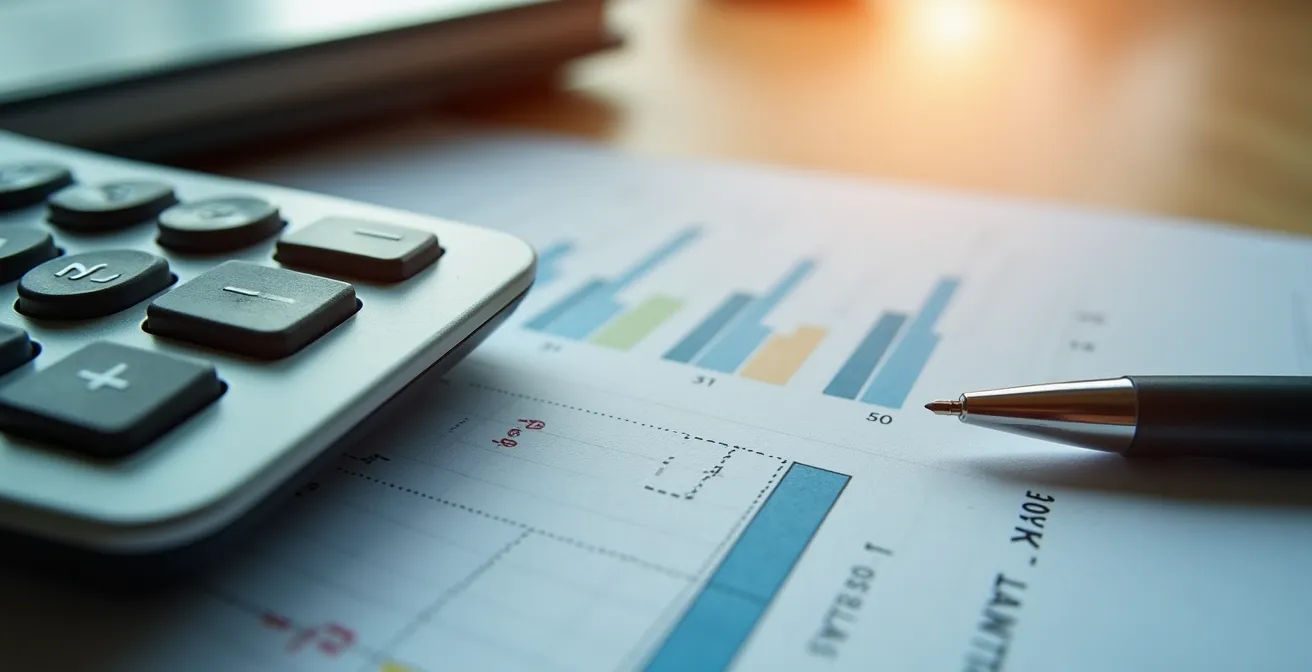 Vue macro de documents financiers et calculatrice analysant le retour sur investissement robotique