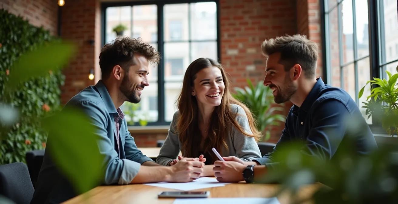Jeunes professionnels diversifiés dans un espace de travail moderne et durable à Montréal