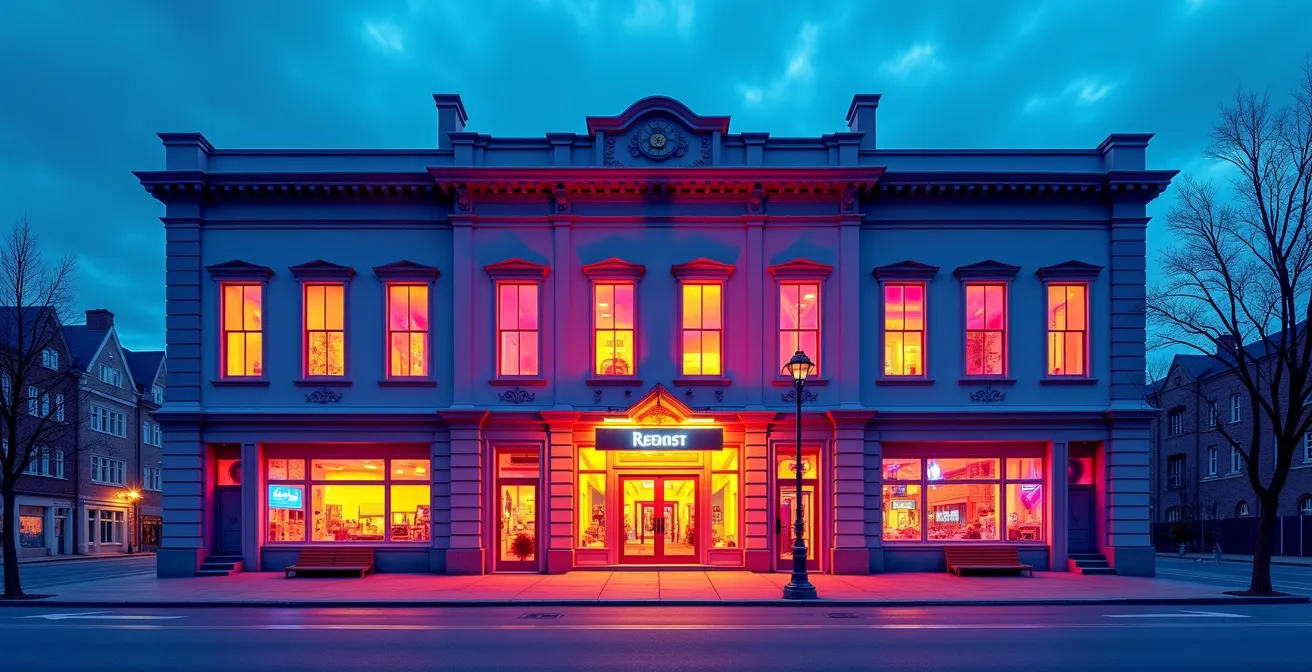 Vue thermographique colorée d'un bâtiment québécois montrant les pertes de chaleur en dégradé de couleurs