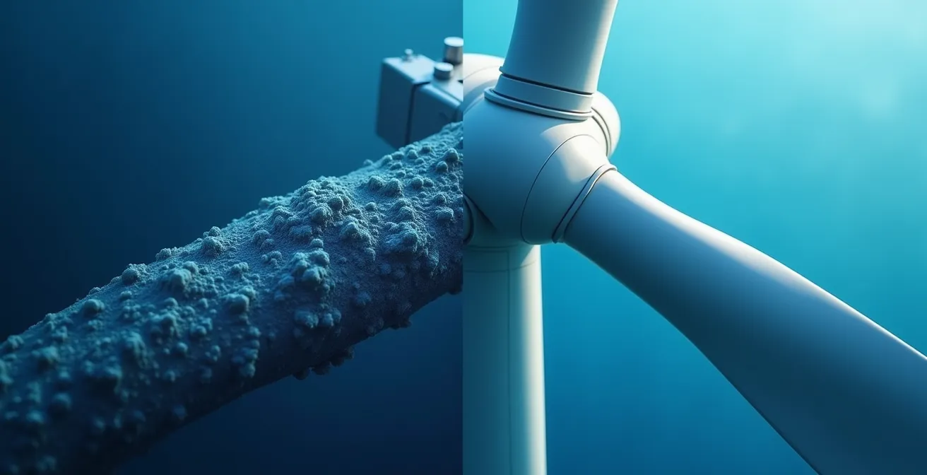 Comparaison visuelle entre une nageoire de baleine et une pale d'éolienne innovante montrant les similitudes structurelles