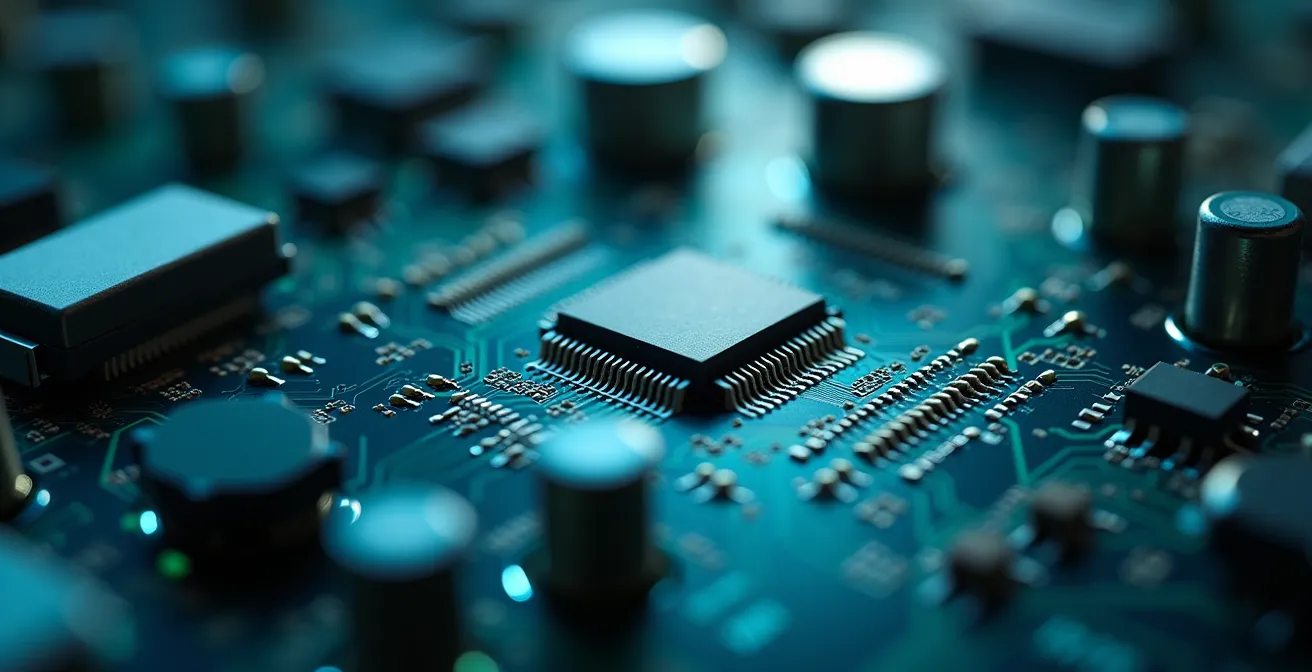 Vue macro détaillée d'un capteur industriel connecté avec circuits électroniques visibles