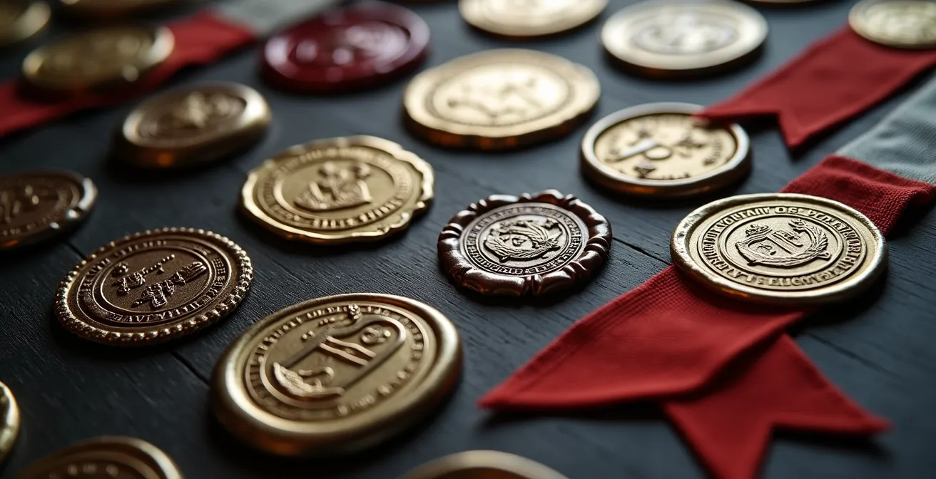 Gros plan macro sur des tampons de certification officiels et sceaux de qualité