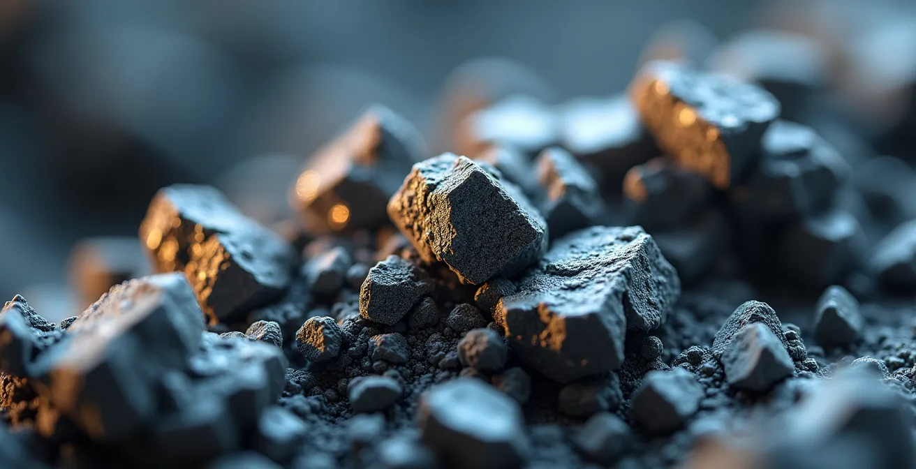 Vue macro de minéraux critiques québécois pour batteries avec texture cristalline détaillée