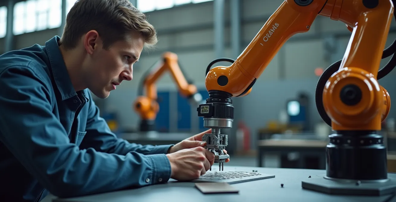 Gros plan sur un cobot travaillant en collaboration avec un opérateur dans un atelier de PME