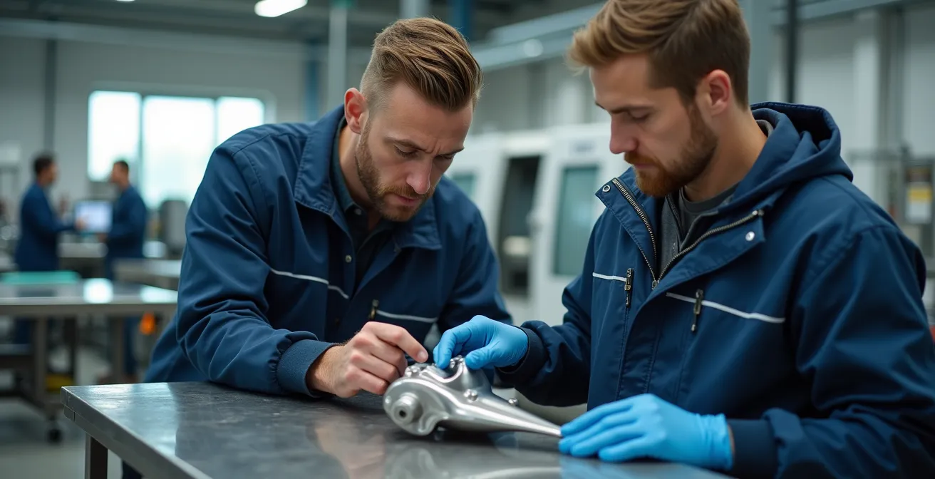 Techniciens travaillant sur des composants aéronautiques dans une usine moderne