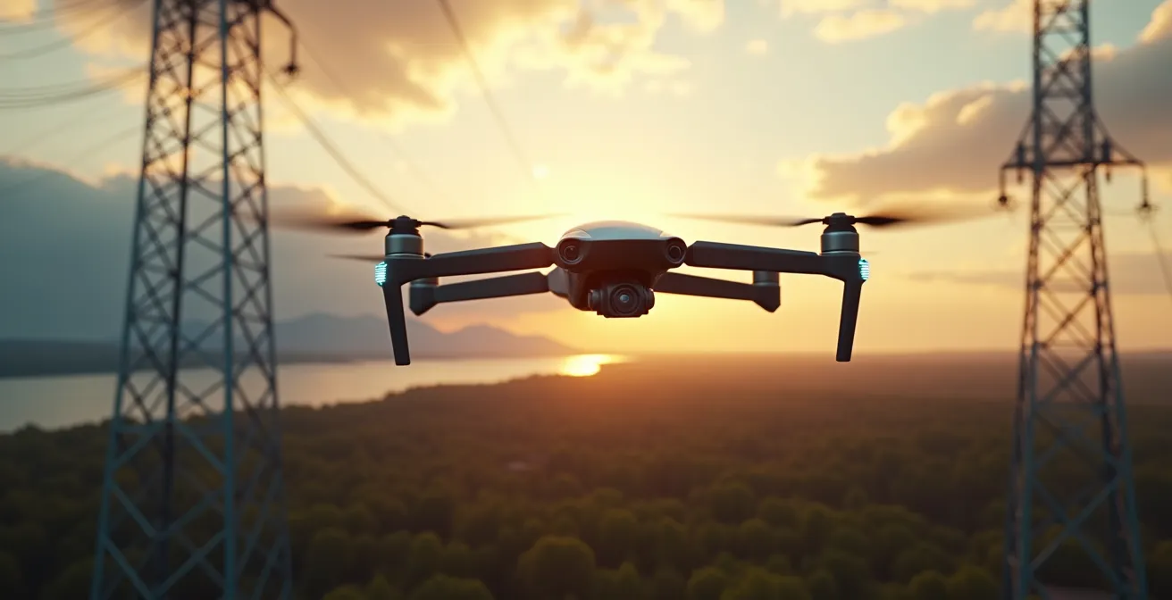 Drone industriel survolant des lignes électriques dans le paysage québécois