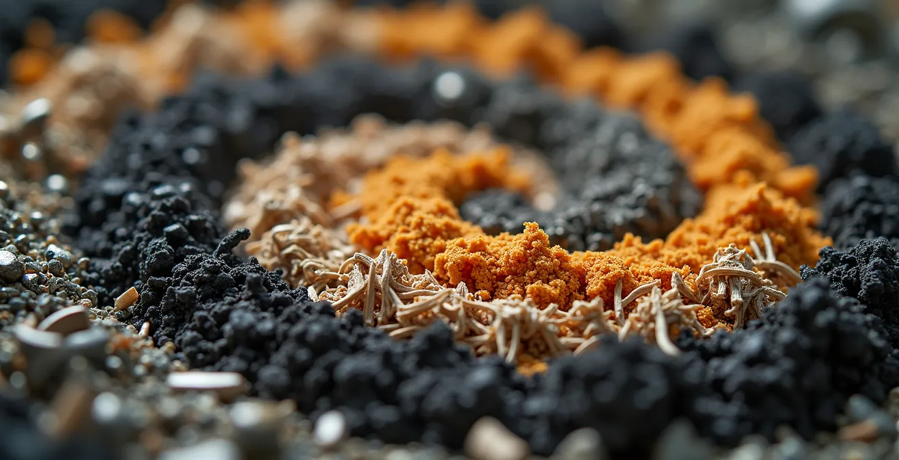 Vue macro de matériaux recyclés transformés dans un processus industriel circulaire