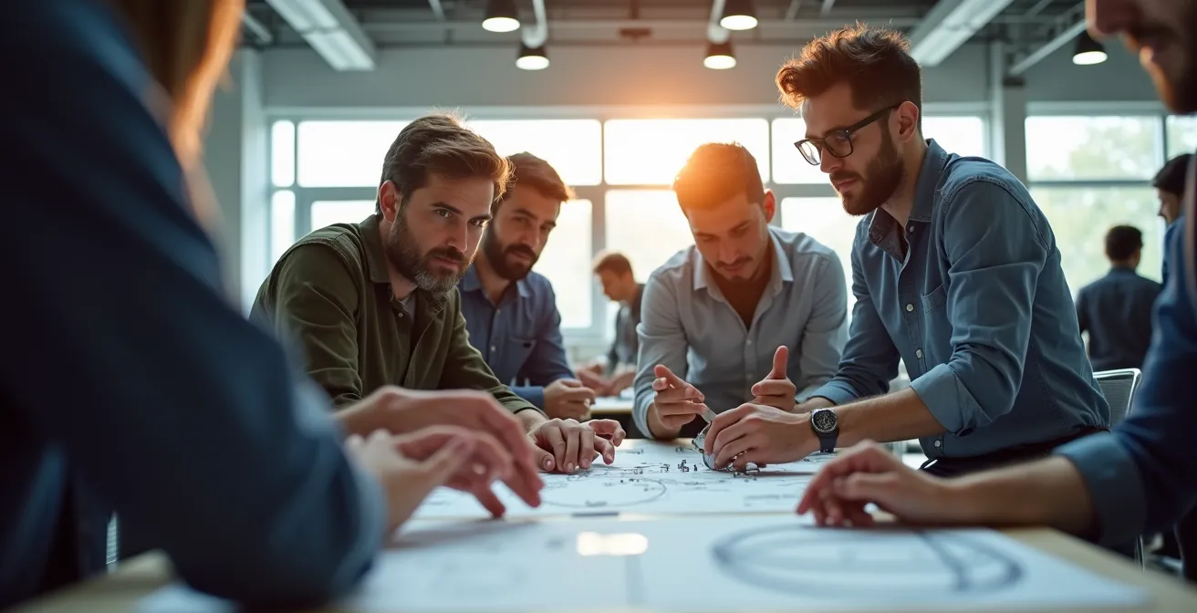 Espace collaboratif moderne avec entrepreneurs et ingénieurs travaillant sur des prototypes technologiques