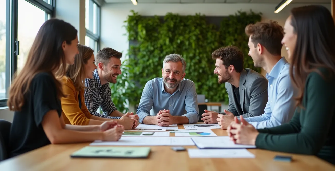 Équipe diversifiée en session de formation sur la durabilité dans un espace de travail moderne et lumineux