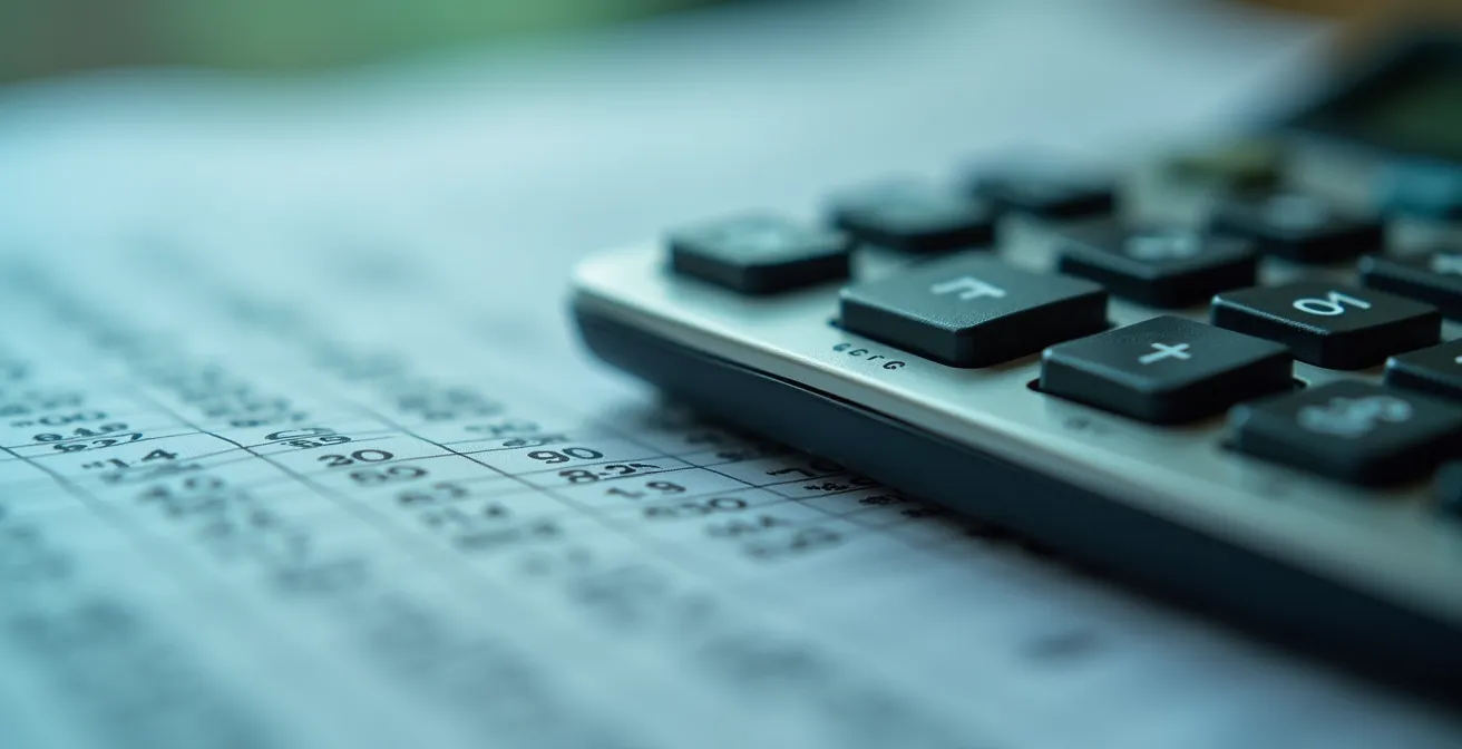Détail macro de documents financiers avec calculatrice professionnelle en arrière-plan flou