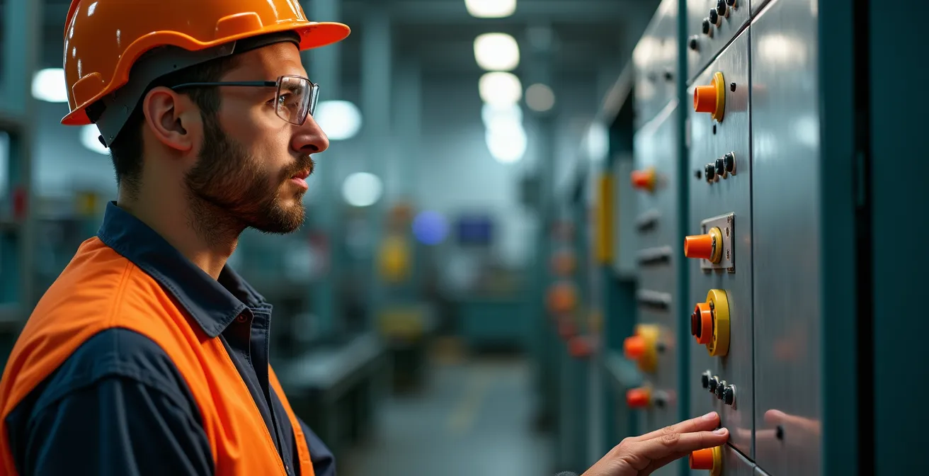 Opérateur d'usine en formation regardant un panneau de contrôle industriel sécurisé