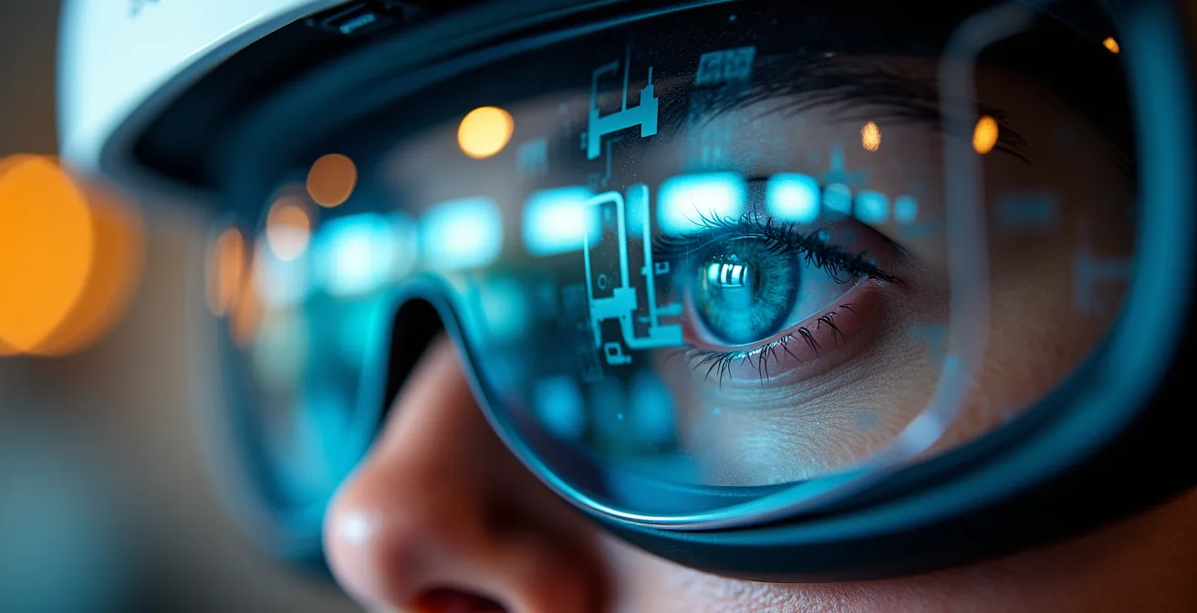 Professionnel utilisant un casque de réalité virtuelle pour une formation industrielle simulée