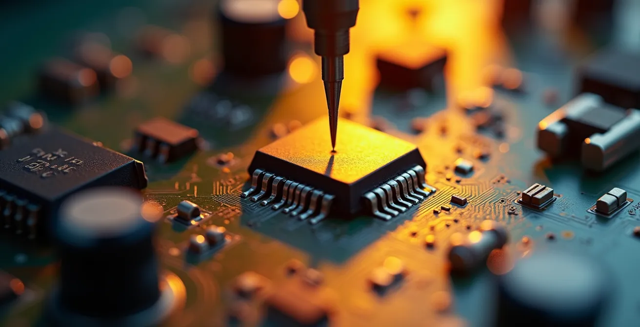 Vue macro détaillée de composants électroniques en cours de test de certification