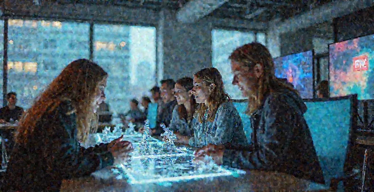 Espace de travail collaboratif moderne représentant l'écosystème créatif du jeu vidéo à Montréal