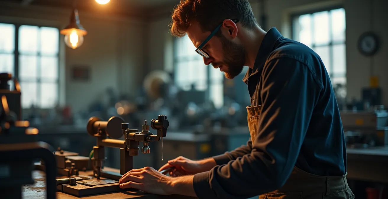 Travailleur spécialisé dans un atelier de PME manufacturière québécoise utilisant des équipements de haute précision