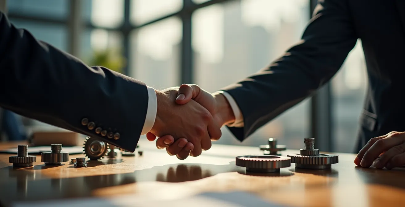 Poignée de main entre dirigeants symbolisant un contrat de performance industrielle