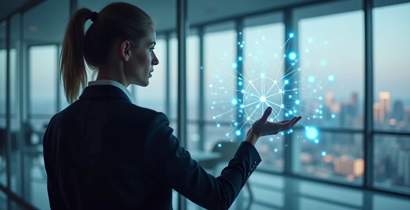 Personne d'affaires analysant un réseau de distribution global sur écran holographique