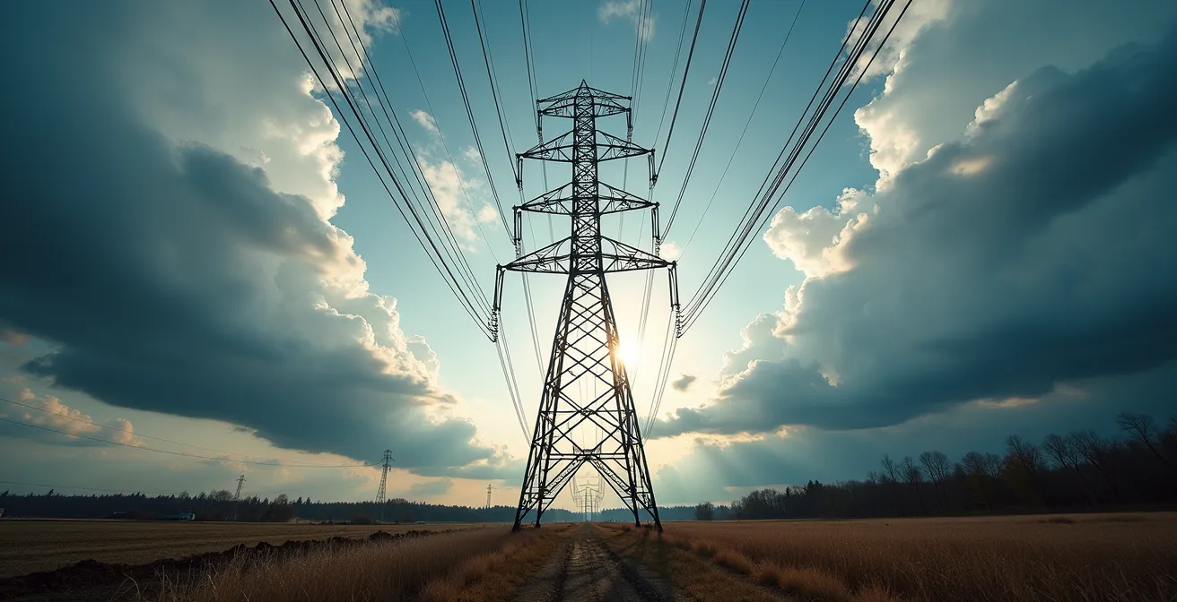 Infrastructure de transmission électrique d'Hydro-Québec avec lignes haute tension traversant le paysage québécois