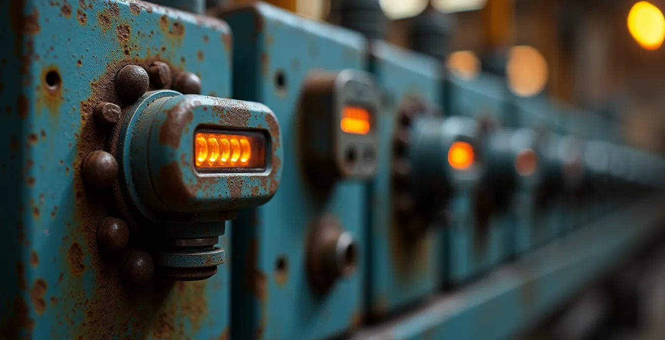 Gros plan d'une vieille presse industrielle équipée de capteurs IoT modernes