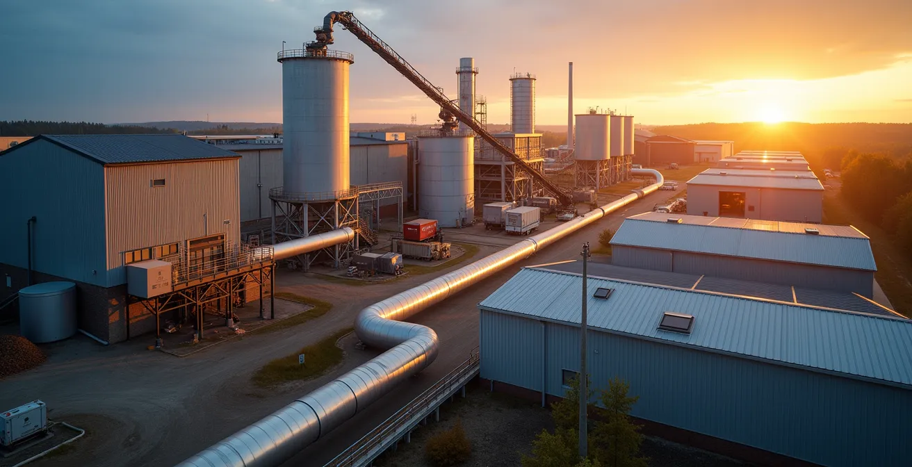Vue aérienne d'un parc industriel québécois montrant les flux de matières entre entreprises voisines