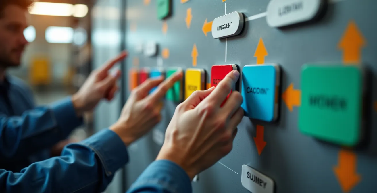 Tableau de management visuel avec codes couleurs universels dans une usine canadienne