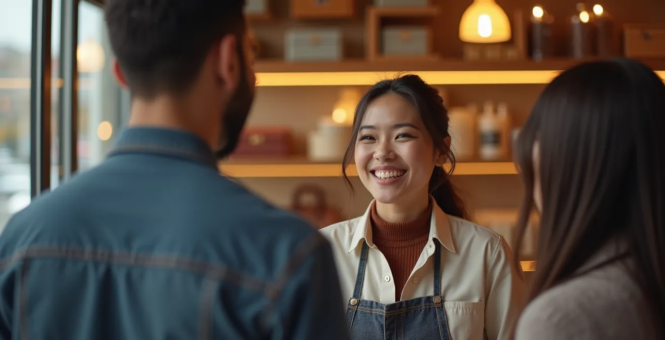 Employée souriante accueillant des clients dans un commerce québécois, interaction chaleureuse en français