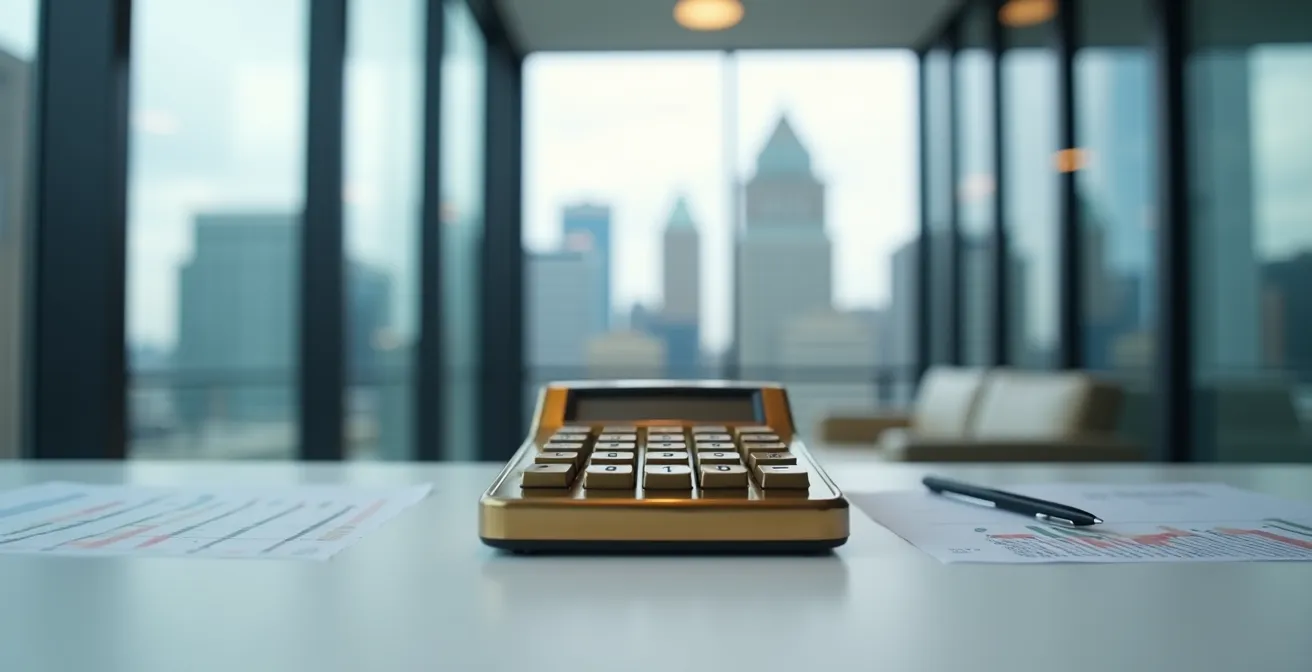 Bureau moderne avec calculatrice et graphiques financiers flous en arrière-plan