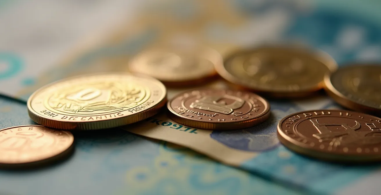 Vue macro détaillée de pièces de monnaie canadiennes avec reflet de camion électrique