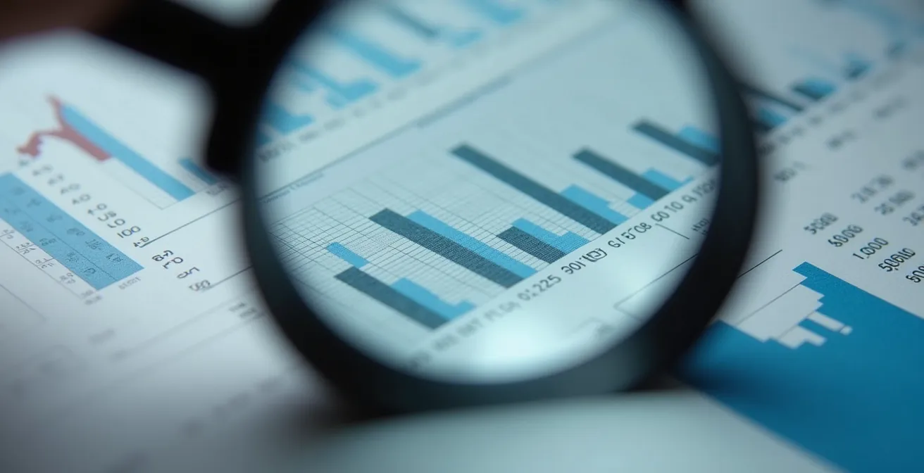 Gros plan macro sur des graphiques financiers imprimés avec une main tenant une loupe