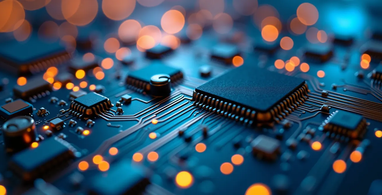 Vue macro de circuits électroniques avec jeux de lumières colorées représentant le flux de données