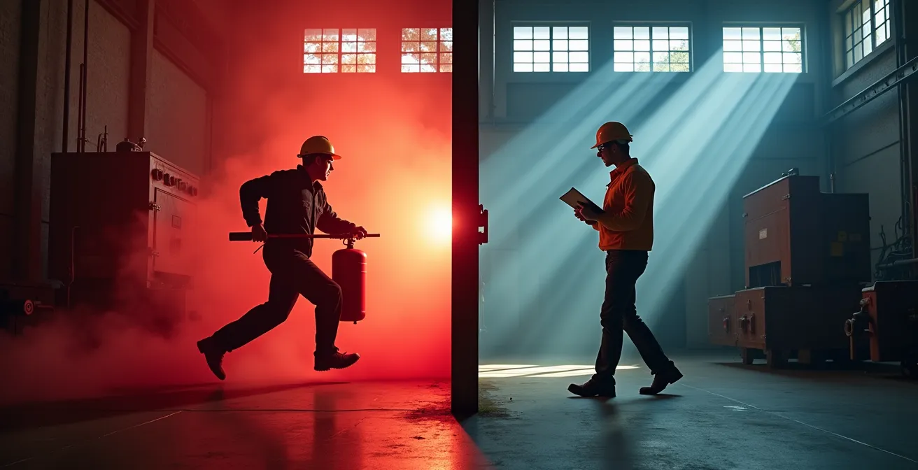 Comparaison visuelle entre approche réactive et proactive en sécurité au travail dans une usine québécoise