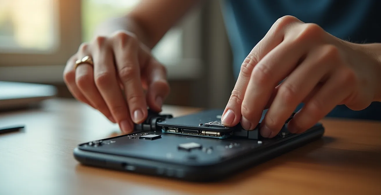 Mains démontant un boîtier électronique avec système de clips sans outils, montrant la facilité de réparation