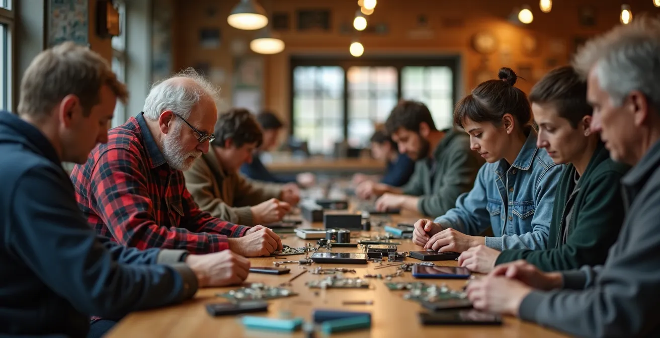 Vue d'ensemble d'un Repair Café canadien animé avec réparateurs bénévoles aidant des citoyens