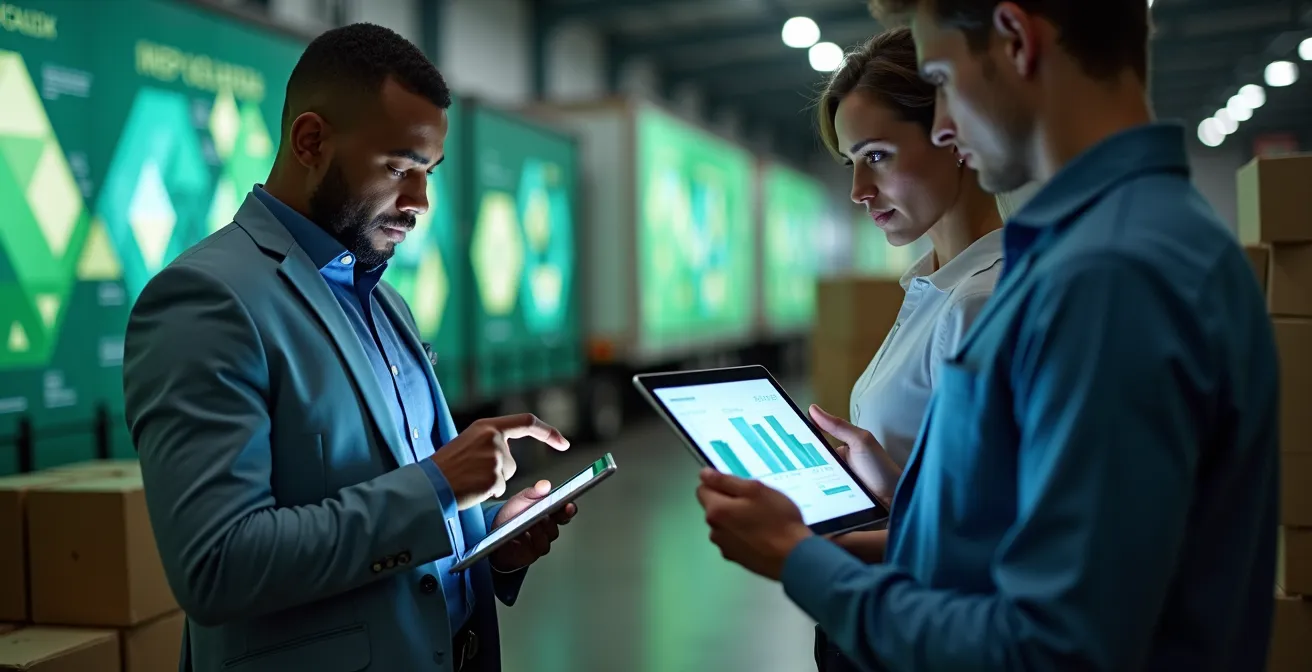 Professionnels analysant des données ESG sur tablettes dans un centre de distribution moderne avec certification verte visible