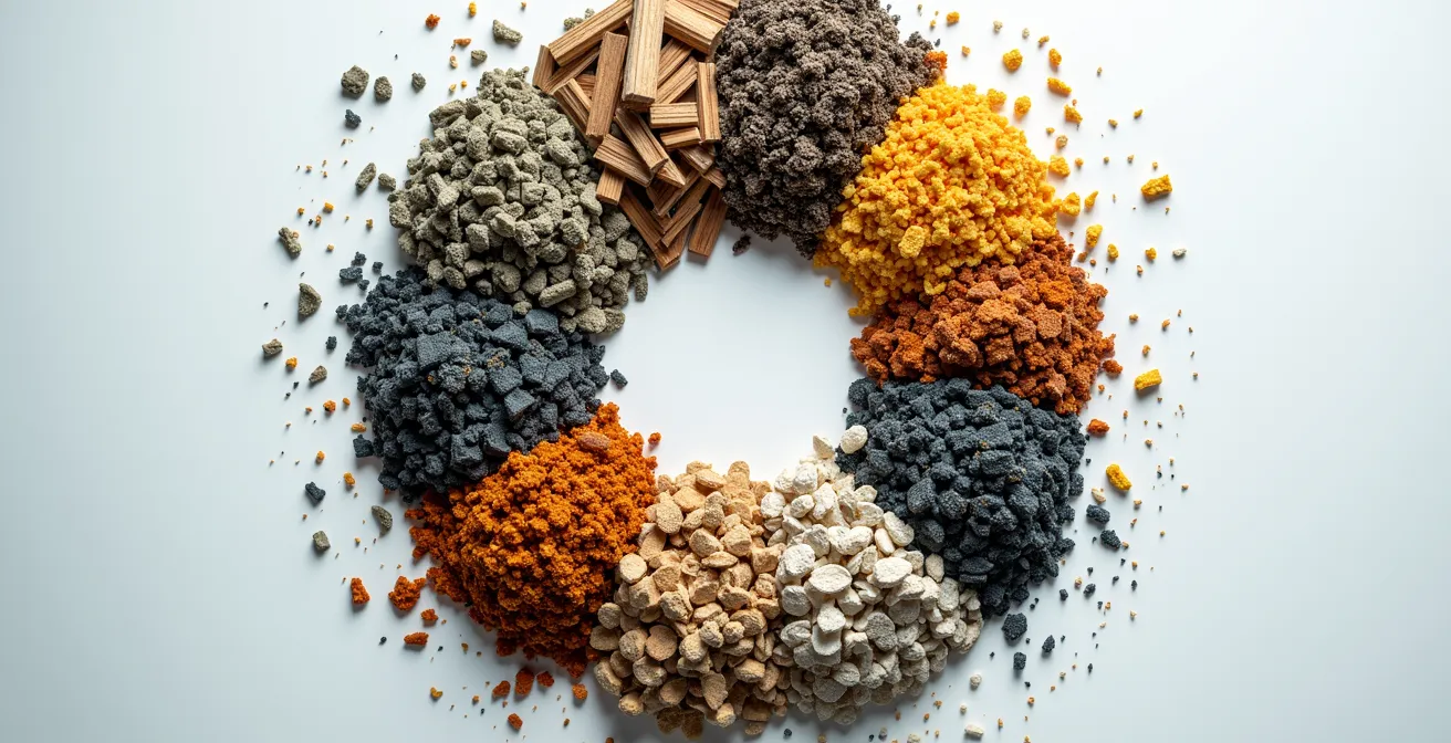 Gros plan macro sur différentes textures de matières recyclables industrielles comme des copeaux de bois, des granules de plastique et des rognures de métal.