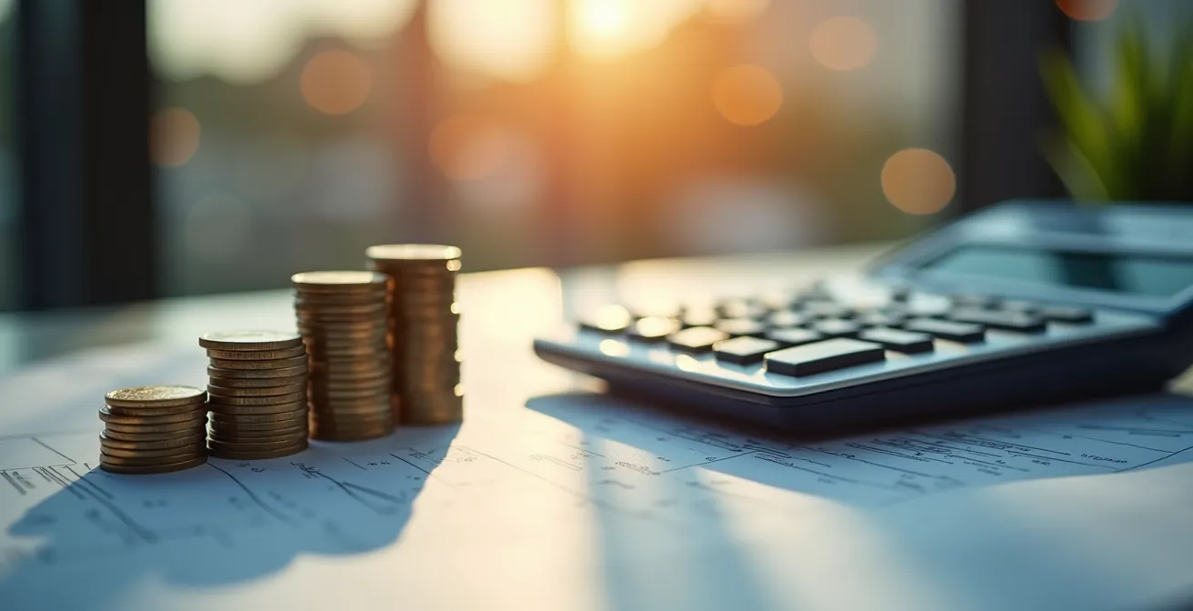 Espace de travail avec calculatrice et graphiques financiers, symbolisant la planification fiscale internationale