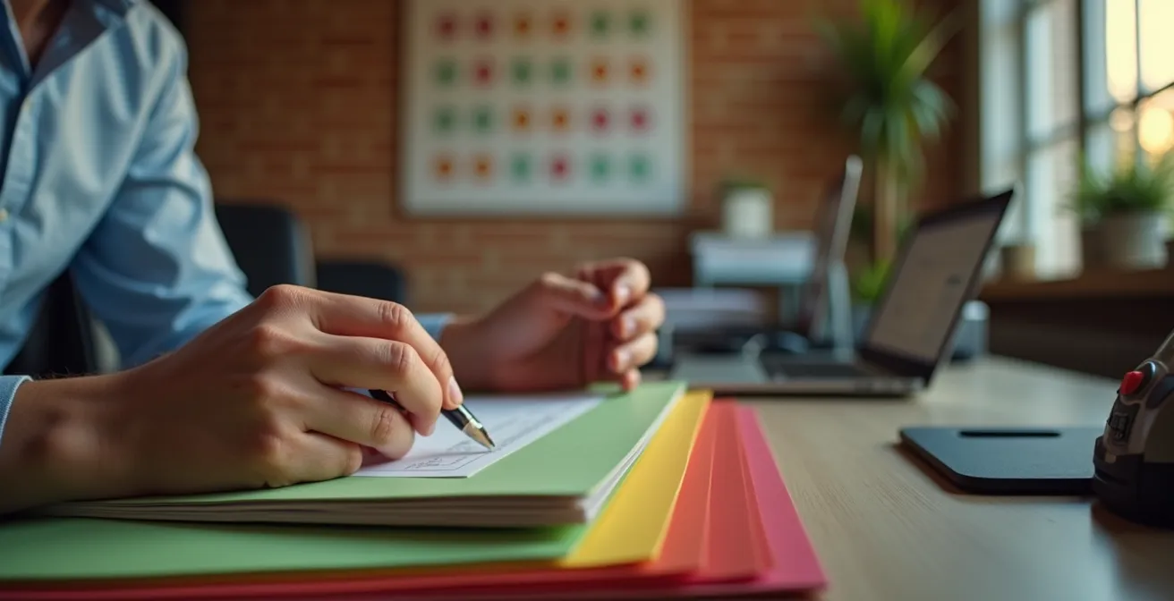 Vue aérienne d'un bureau avec calendrier et documents de conformité organisés selon les échéances REP