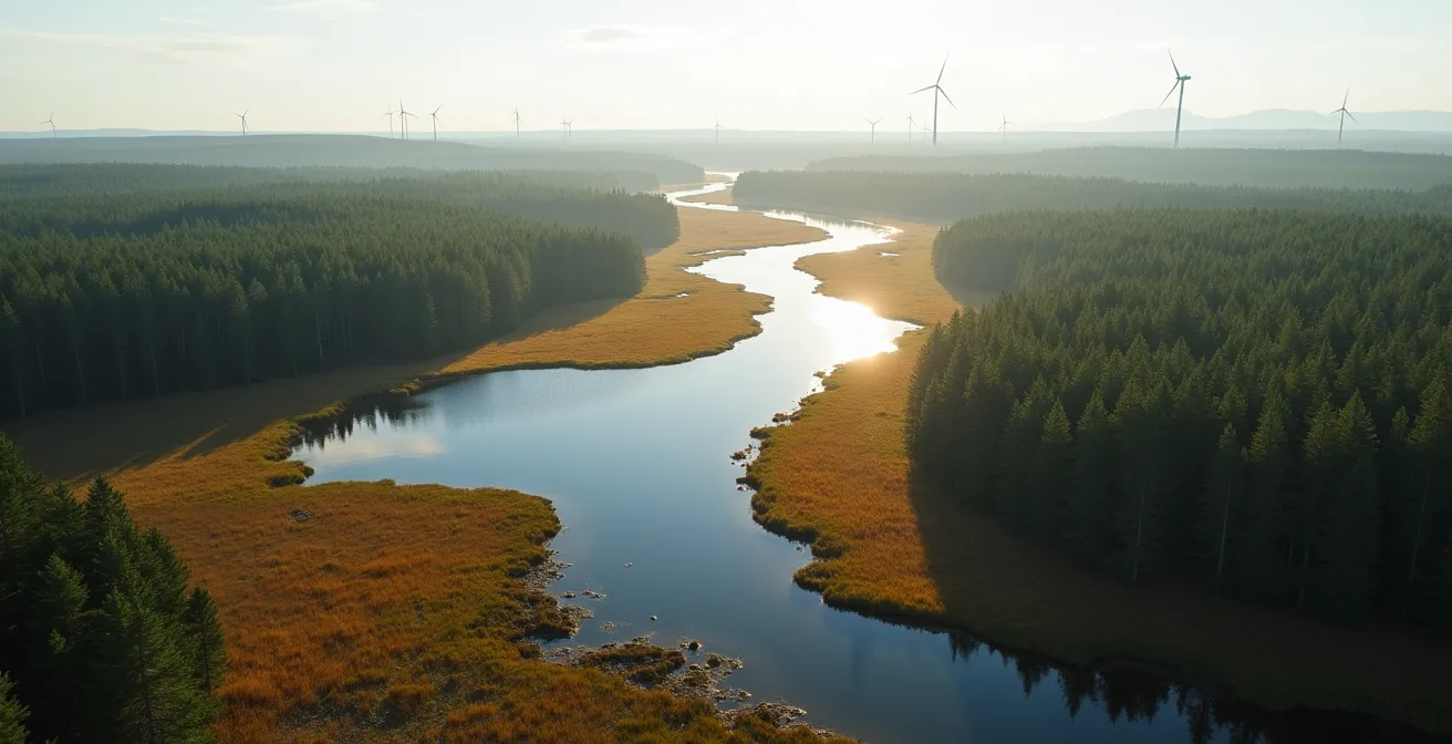 Vue aérienne d'un paysage naturel québécois avec forêt boréale et zones humides protégées