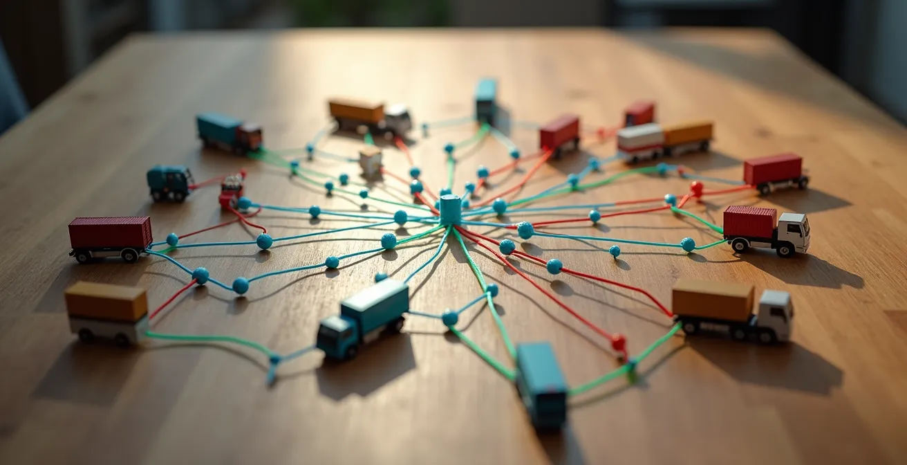 Réseau interconnecté représentant une chaîne d'approvisionnement globale avec points de contrôle