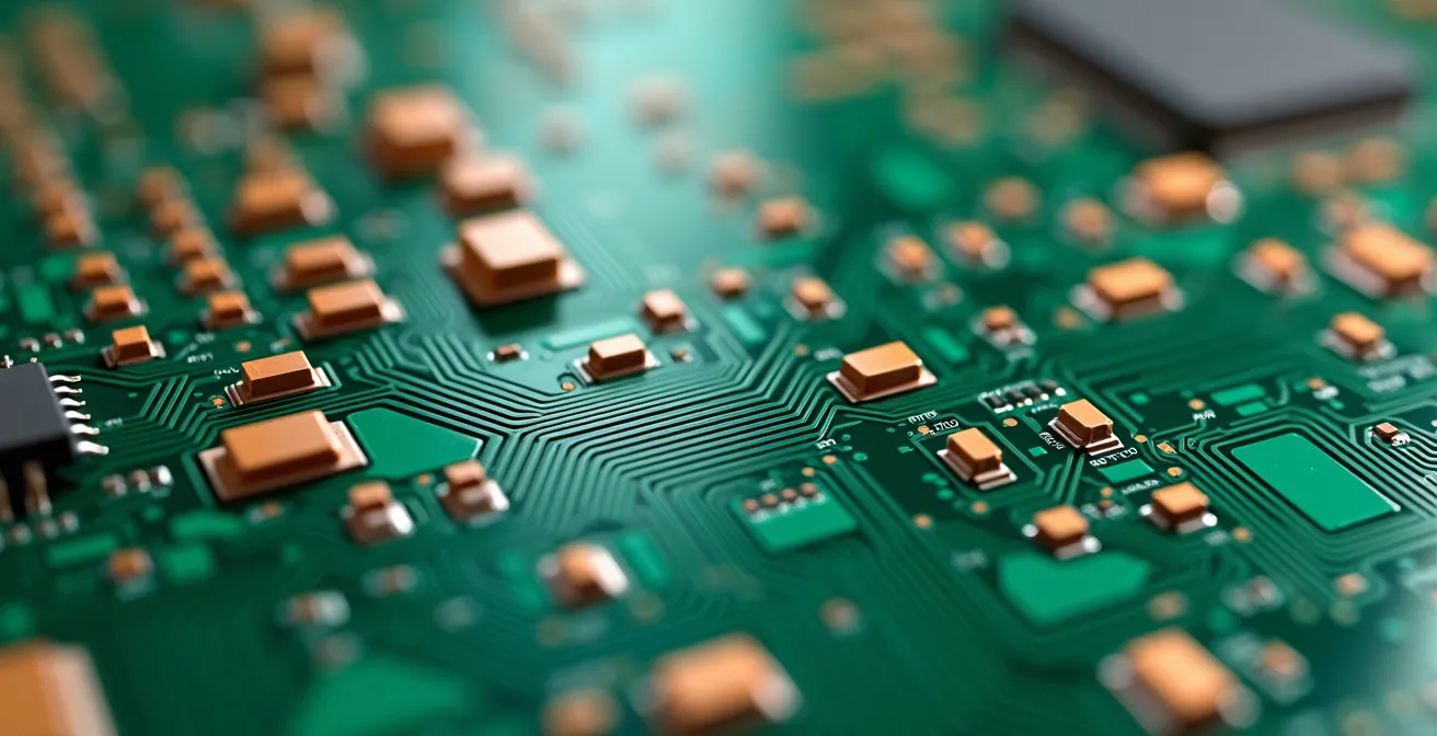 Gros plan macro d'un circuit imprimé montrant des pads universels conçus pour accepter différents types de composants électroniques