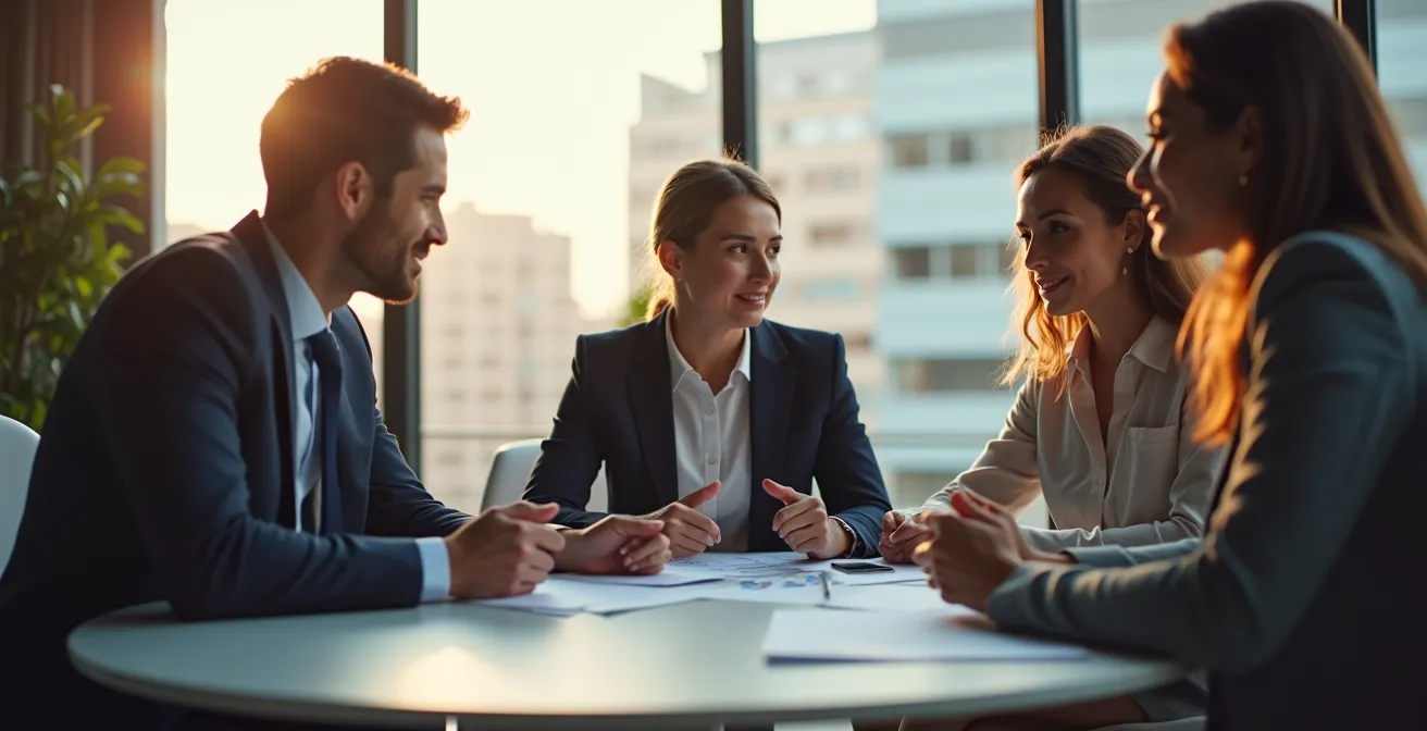 Professionnels en réunion autour d'une table ronde moderne avec vue sur la ville
