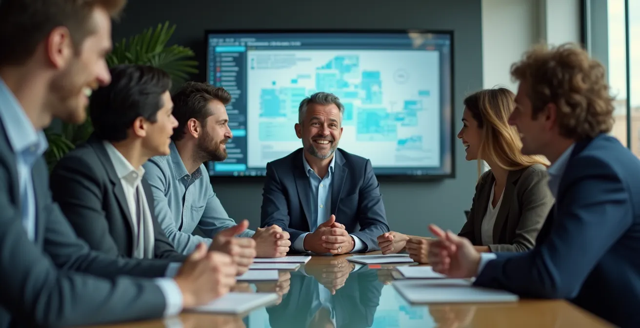 Réunion de comité SST moderne avec membres diversifiés analysant des données préventives sur tableau transparent