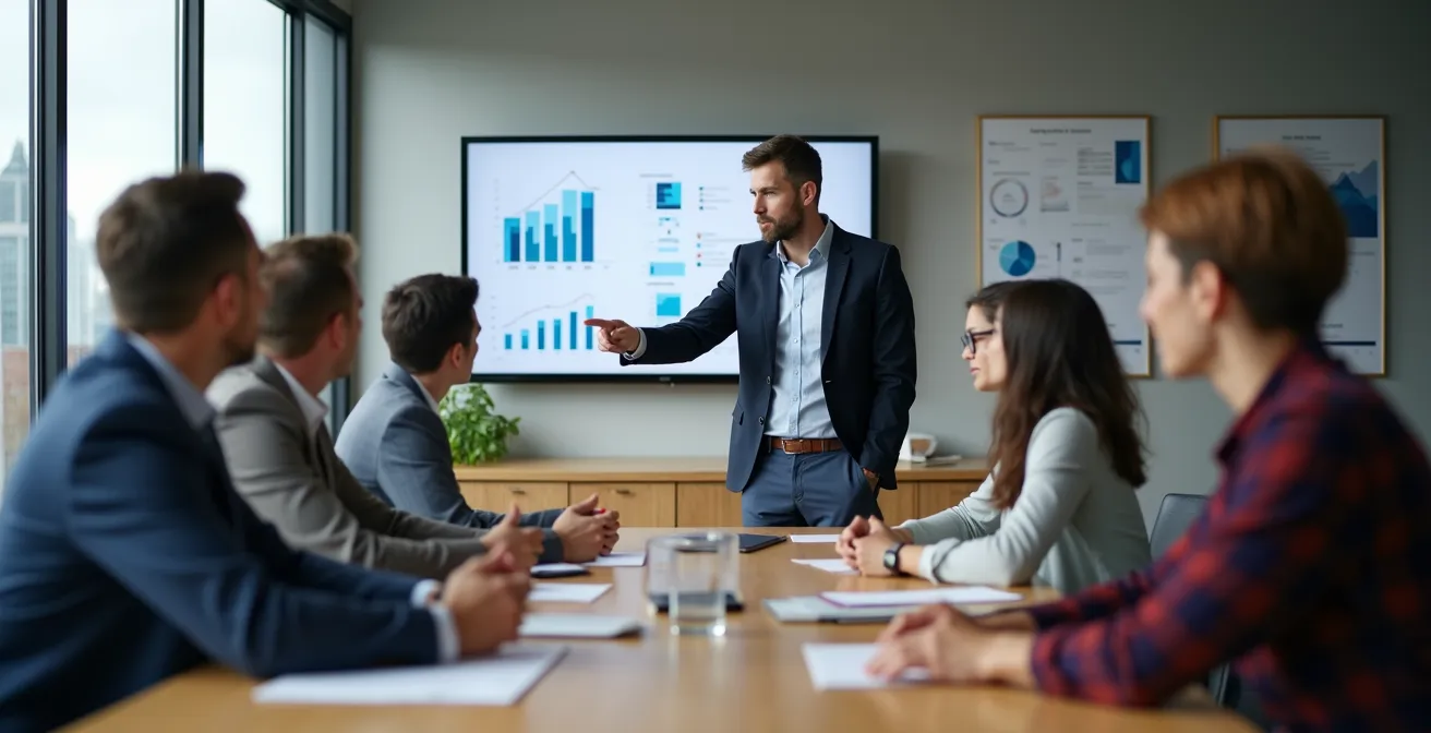 Réunion dynamique d'un comité SST moderne avec tableau de bord de performance dans une salle de conférence québécoise