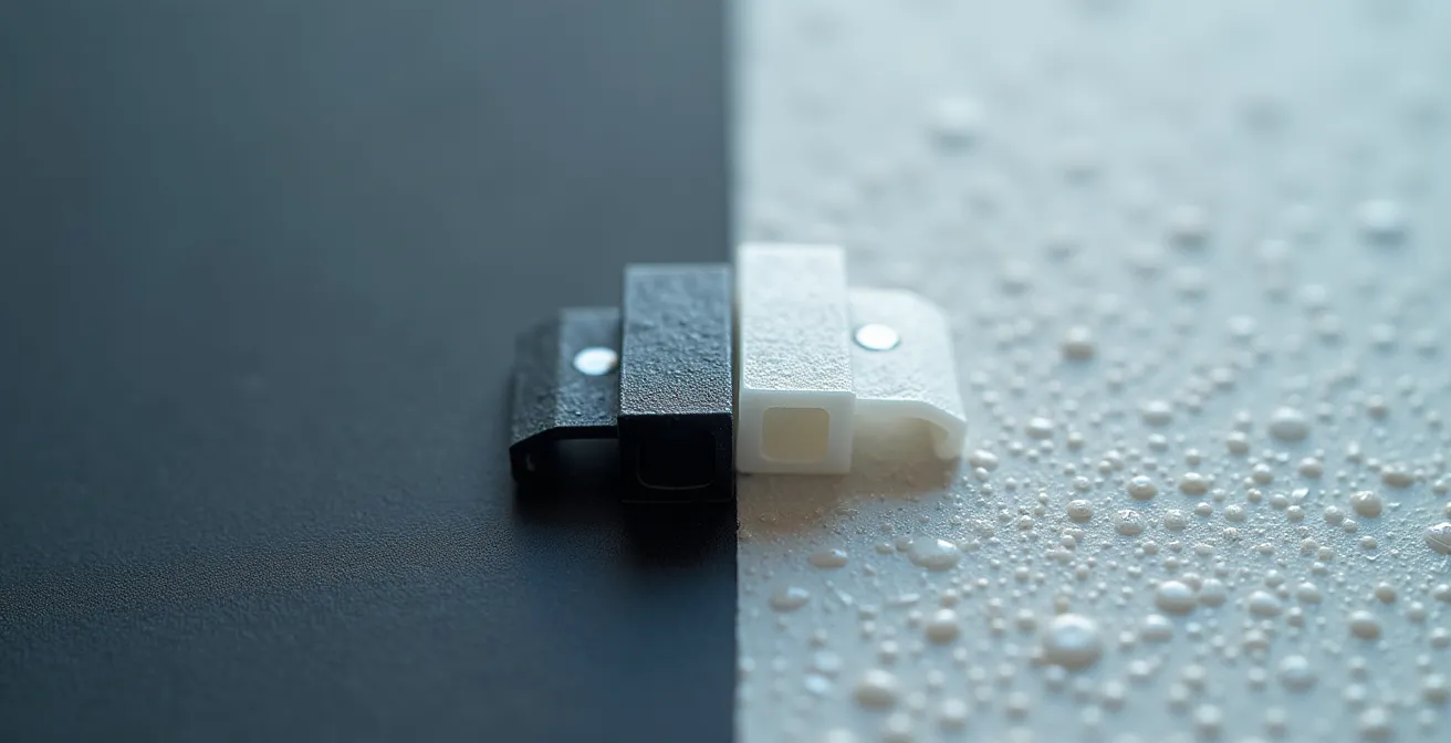 Gros plan macro sur deux méthodes d'assemblage côte à côte montrant clips plastiques et joint collé