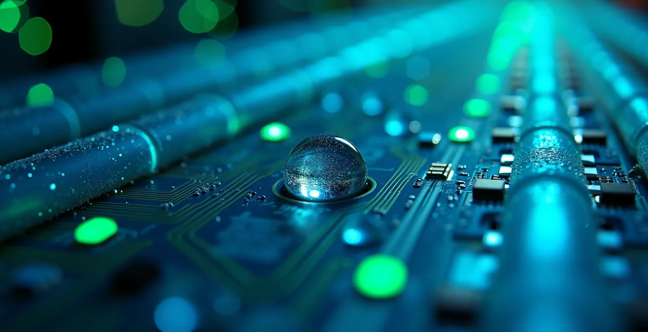 Vue macro de circuits de refroidissement par eau dans un centre de données canadien écologique