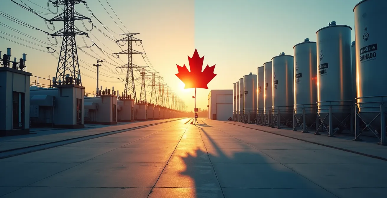 Composition symbolique montrant la dualité entre électrification directe et solution hydrogène pour l'industrie