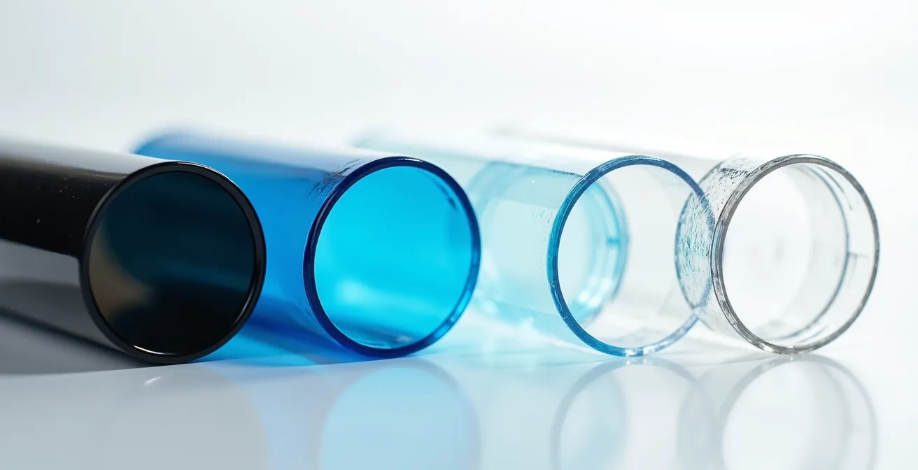 Comparaison macro de différents plastiques colorés montrant les textures et transparences pour la recyclabilité