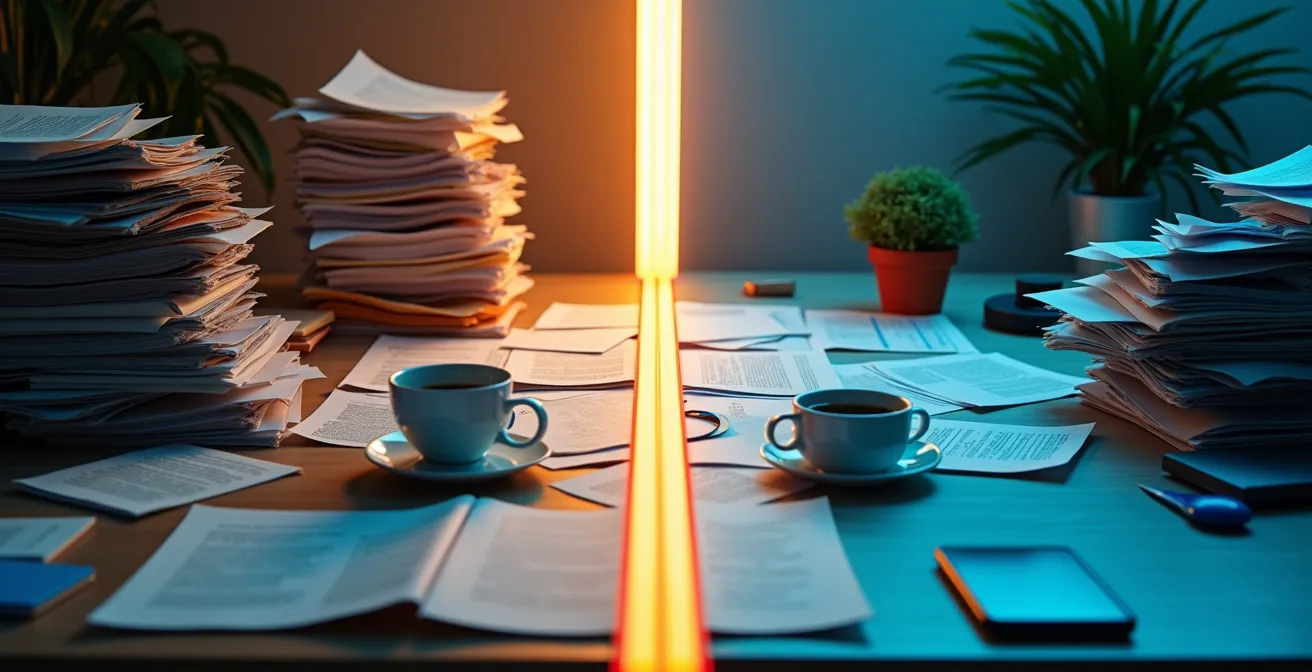 Bureau moderne avec deux écrans montrant des interfaces abstraites de gestion, l'un simple et l'autre complexe, symbolisant la différence entre un suivi simple et un suivi complexe.