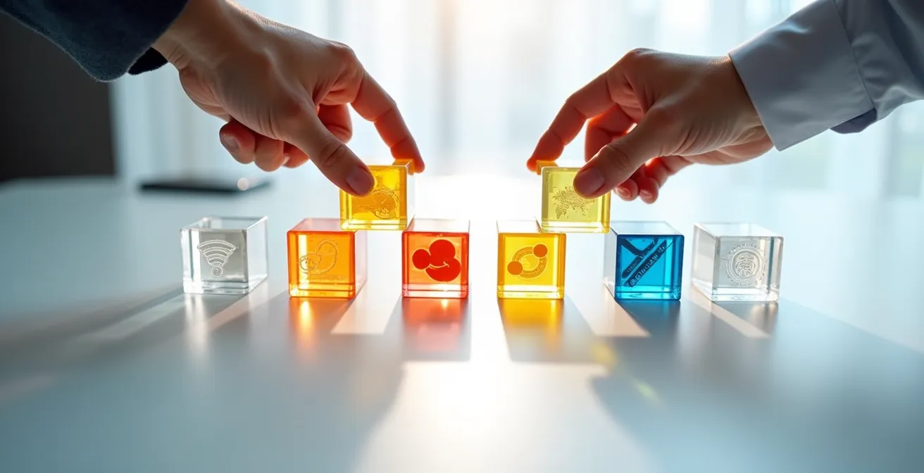 Mains d'affaires manipulant des modules abstraits représentant des systèmes ERP